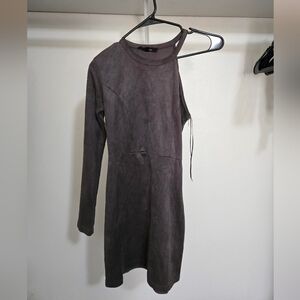 Olivaceous Charcoal Asymmetrical Long One Sleeve Suede Dress